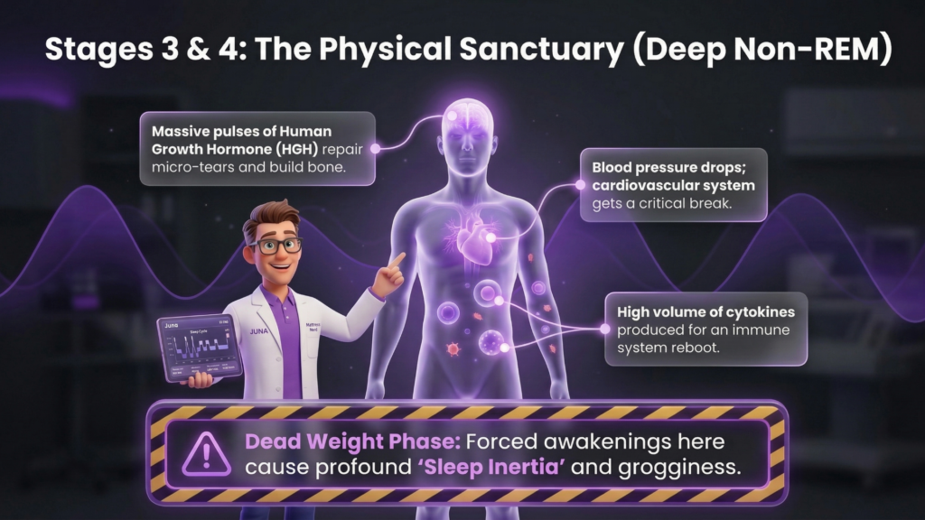 Infographic illustrating deep non-REM sleep benefits, featuring a character explaining Human Growth Hormone (HGH) effects, blood pressure drop, and immune system reboot, alongside a warning about 'sleep inertia' from forced awakenings.