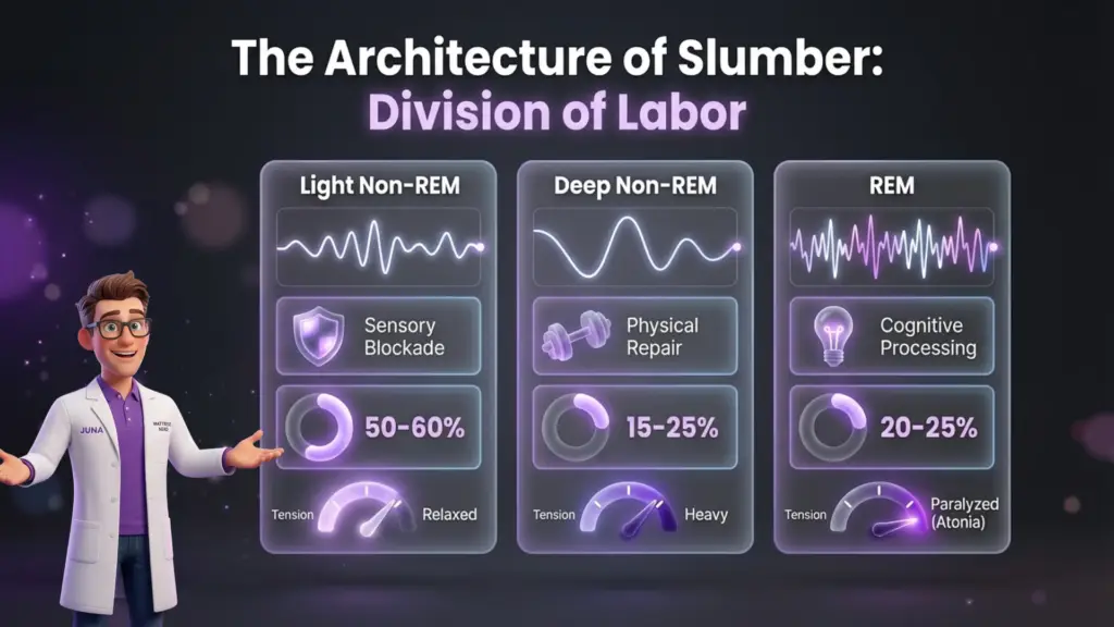 Comparing the Three Main Sleep Stages A comparison chart of Light Non-REM, Deep Non-REM, and REM sleep, detailing their percentages and primary functions.