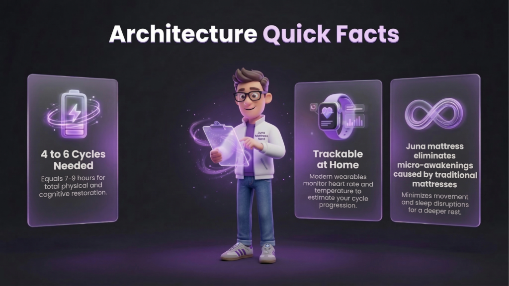 Illustration of a character in a Juna Sleep Systems jacket presenting quick facts about sleep architecture, including the need for 4 to 6 sleep cycles for restoration, tracking sleep at home with wearables, and how Juna mattresses minimize sleep disruptions.