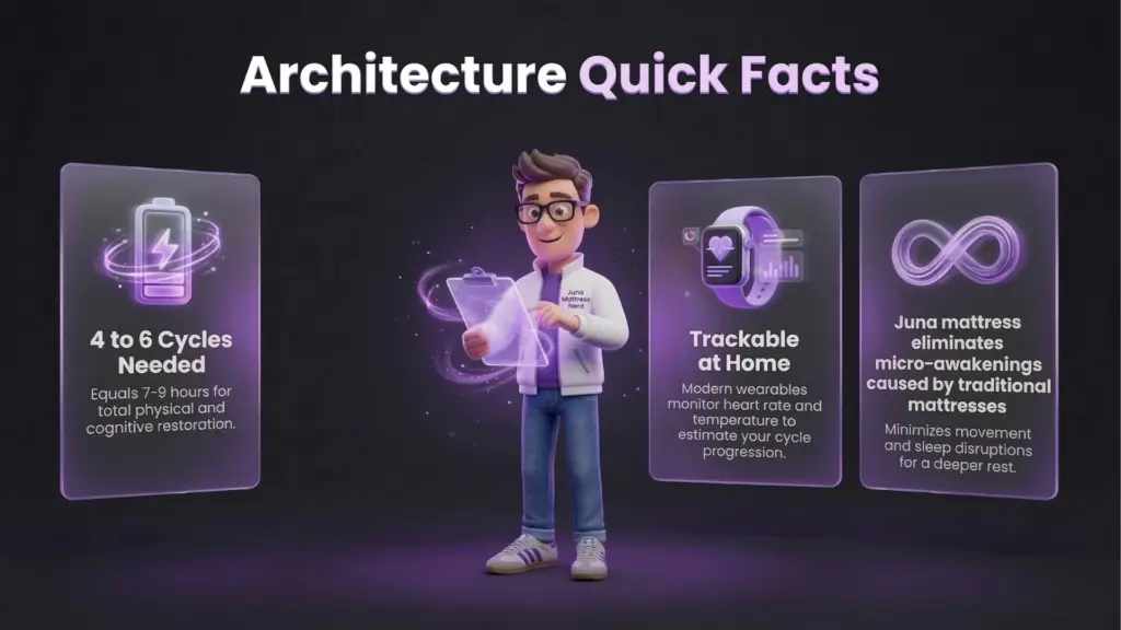 Fast Facts on Sleep Architecture Cartoon scientist Juna presenting three panels of facts about sleep cycles, wearable tracking, and the benefits of a Juna mattress.