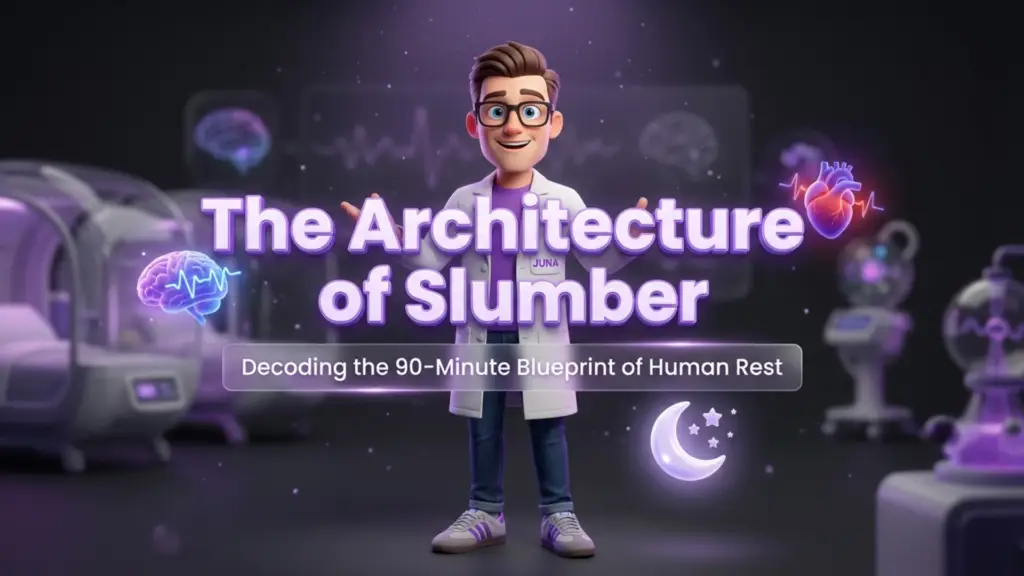 The Architecture of Slumber Title Slide A friendly Juna SLeep Nerd in a lab coat standing in front of the title "The Architecture of Slumber."