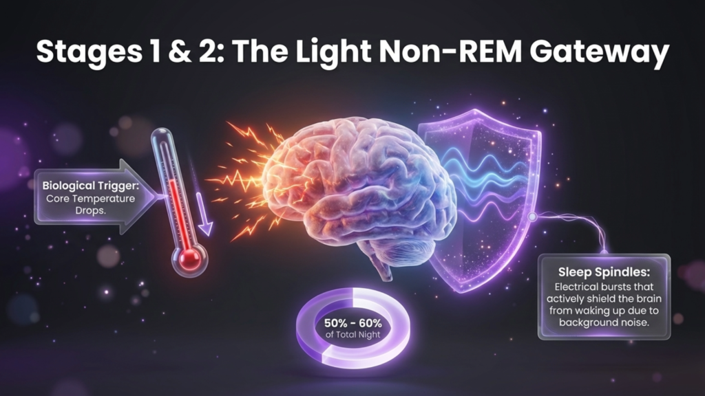 Stages 1 and 2 of sleep illustration featuring a brain, thermometer indicating core temperature drop, and shield symbolizing sleep spindles that protect against disturbances, with text highlighting their role in 50-60% of total sleep.