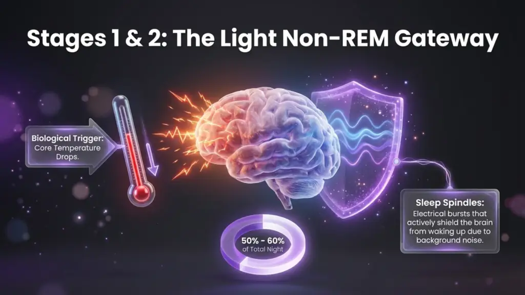 Characteristics of Light Non-REM Sleep An infographic of a brain with a shield and thermometer, representing the cooling of the body and sleep spindles during light sleep stages.