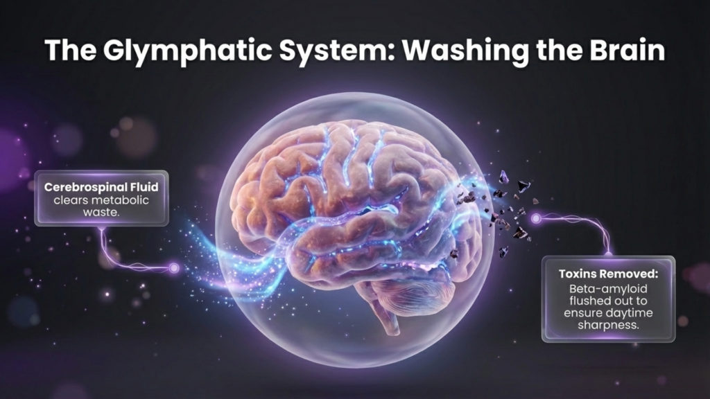 Illustration of the glymphatic system showing a brain with cerebrospinal fluid clearing metabolic waste, labeled with "Cerebrospinal Fluid clears metabolic waste" and "Toxins Removed: Beta-amyloid flushed out to ensure daytime sharpness," emphasizing the importance of sleep for brain health.