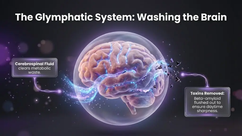 The Brain's Glymphatic Cleaning System A diagram of a human brain with a glowing flow of cerebrospinal fluid washing away waste particles, illustrating the glymphatic system.