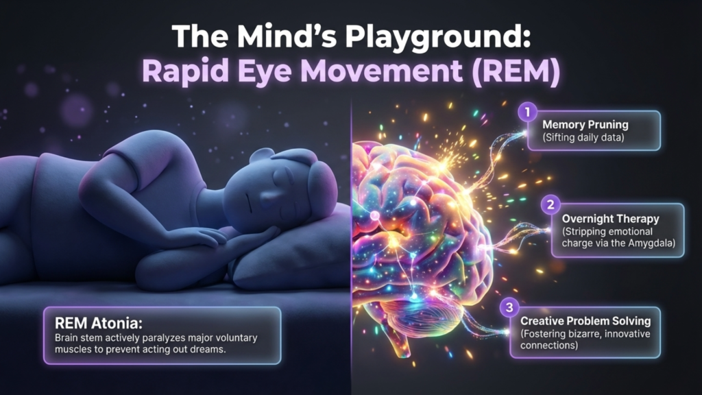 Sleeping person illustrating REM sleep with brain activity highlighting memory pruning, overnight therapy, and creative problem solving, emphasizing the importance of REM atonia for preventing dream enactment.