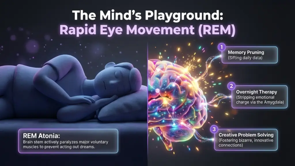 The Mind's Playground: REM Sleep Infographic showing a sleeping person on the left and a glowing, active brain on the right, detailing the cognitive benefits of REM sleep.