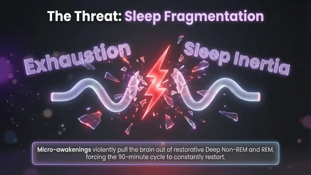 The Impact of Sleep Fragmentation A visual representation of a broken sleep wave interrupted by a red lightning bolt, labeled "Exhaustion" and "Sleep Inertia."