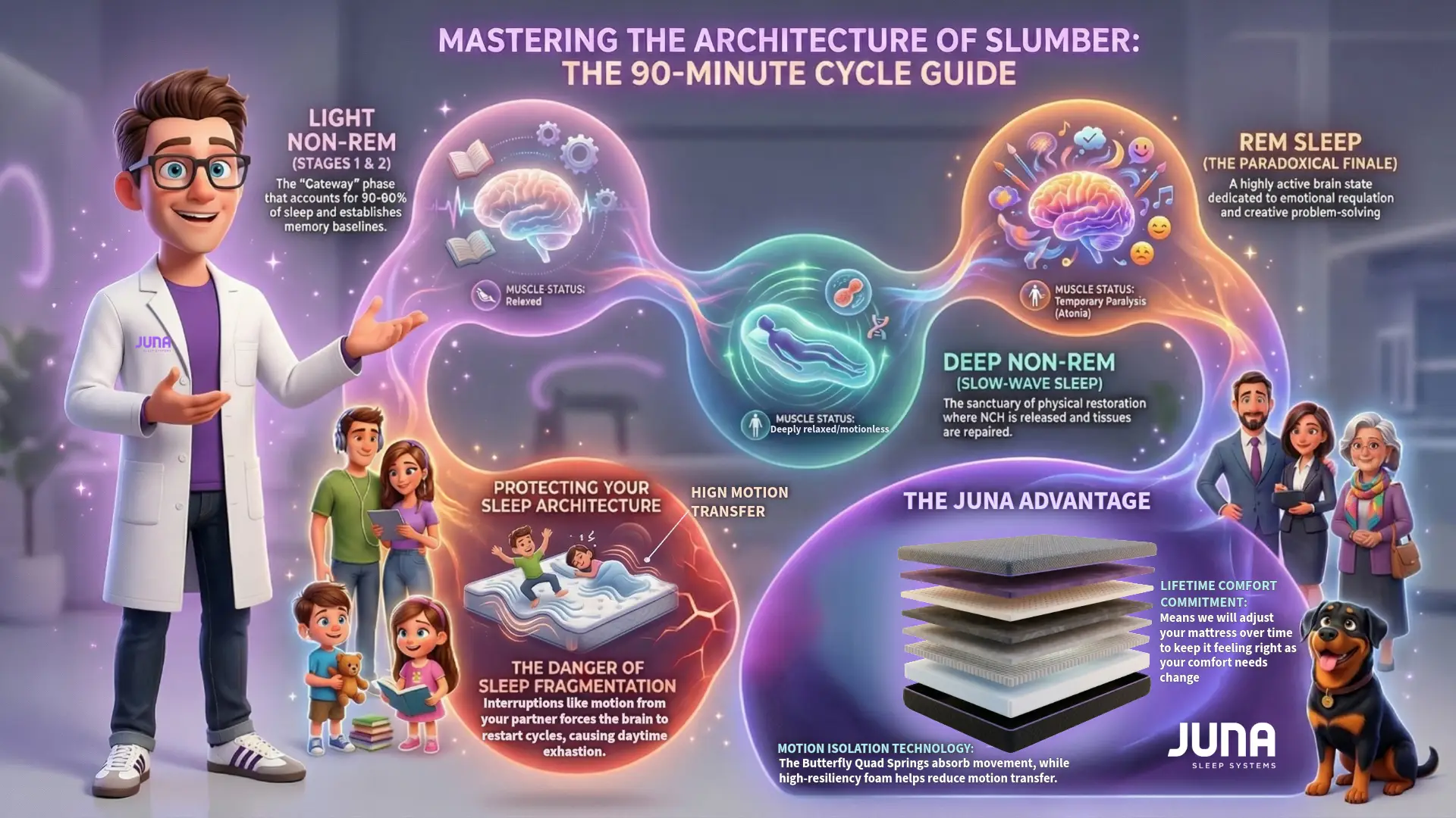 90-Minute Sleep Cycles. A detailed master infographic featuring Juna the Sleep Nerd explaining the three stages of the 90-minute sleep cycle, the dangers of sleep fragmentation, and the technical layers of a Juna mattress designed for motion isolation.
