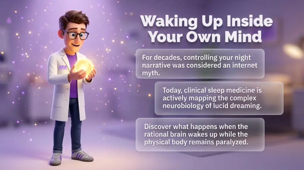 science of lucid dreaming. An infographic with the title "Waking Up Inside Your Own Mind." A smiling 3D scientist in a white lab coat holds a brilliant, glowing orb of light between his hands. To the right, translucent panels with bullet points explain the journey from internet myth to clinical science, mapping neurobiology, and what happens when the rational brain wakes up while the body is paralyzed.