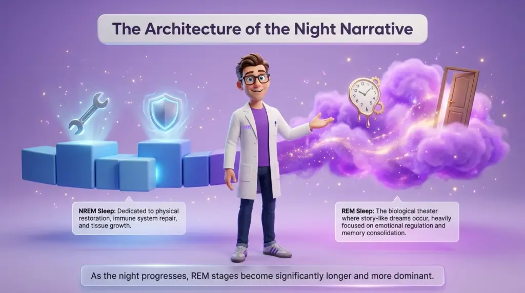 science of lucid dreaming. An infographic comparing NREM and REM sleep. On the left, blue boxes with a wrench and shield icons symbolize physical repair. On the right, a purple cloud with a clock and open door symbols symbolizes emotional and memory work. A scientist presents the concepts. A timeline at the bottom shows REM dominance over time.