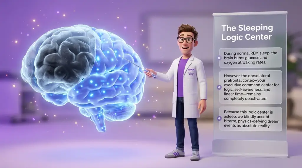 science of lucid dreaming. A detailed brain model with specific sections highlighted in glowing blue lights, representing brain activity during REM sleep. A scientist points with a light-tipped wand to the deactivated dorsolateral prefrontal cortex. Text panels on the right explain "The Sleeping Logic Center."