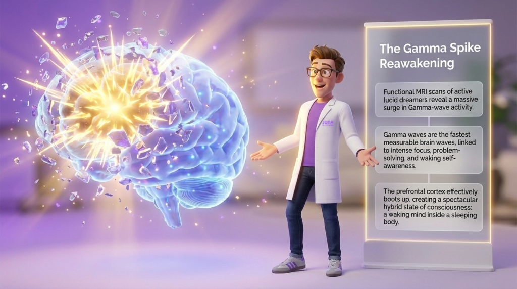 science of lucid dreaming.A detailed brain model with a violent explosion of gold light and rock fragments on the left side, representing "The Gamma Spike Reawakening" during lucid dreaming. To the right, a scientist with an astonished expression gestures with open hands next to a digital panel with explanations.