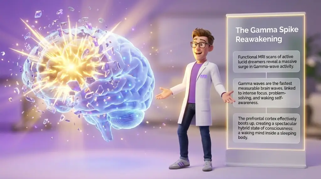 science of lucid dreaming.A detailed brain model with a violent explosion of gold light and rock fragments on the left side, representing "The Gamma Spike Reawakening" during lucid dreaming. To the right, a scientist with an astonished expression gestures with open hands next to a digital panel with explanations.
