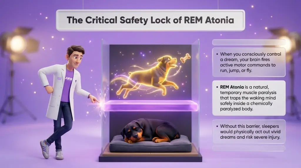 science of lucid dreaming. A diagram illustrating REM atonia with A rottweilers in a case. The top section shows a glowing rottweiler chasing a bone (representing active dream commands), and the bottom shows a sleeping rottweiler (representing the paralyzed body). A scientist points to the central safety barrier.