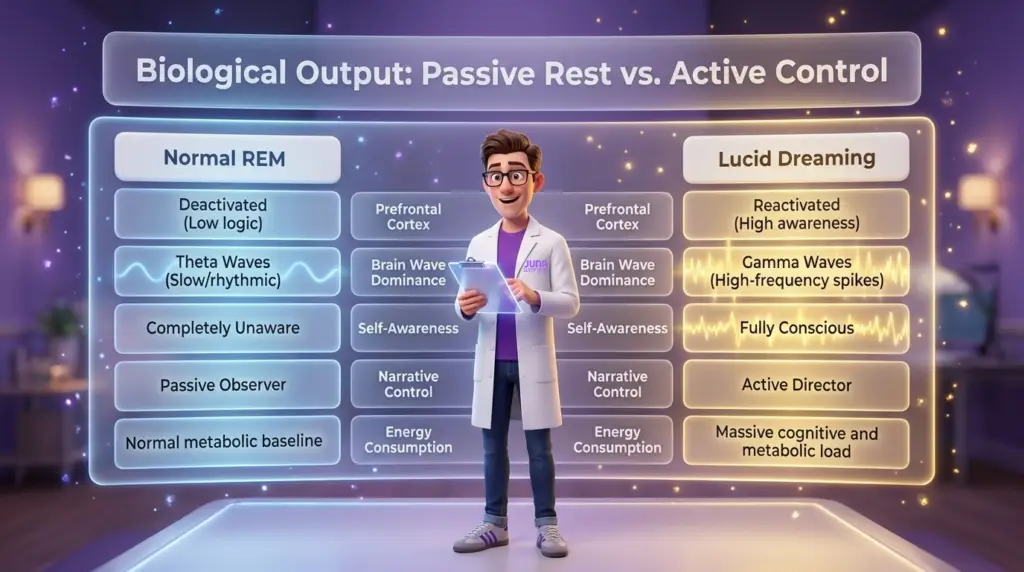 science of lucid dreaming. A detailed comparison table of normal REM sleep versus lucid dreaming. On the left, REM details: deactivated, low logic, slow Theta waves, completely unaware, passive observer, normal metabolism. On the right, Lucid Dreaming: reactivated, high awareness, high-frequency Gamma waves, fully conscious, active director, massive cognitive and metabolic load. A smiling scientist holds a clipboard in the center.