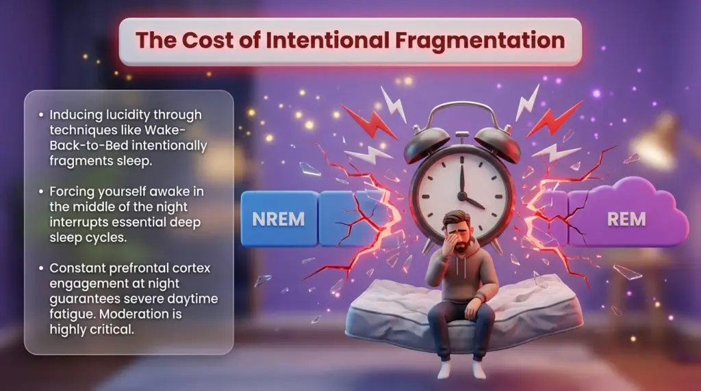 science of lucid dreaming. An infographic illustrating the negative effects of using Wake-Back-to-Bed techniques. It features a giant alarm clock cracking apart NREM and REM sleep cycles, with a tired-looking person sitting on a floating mattress underneath, head in hand.