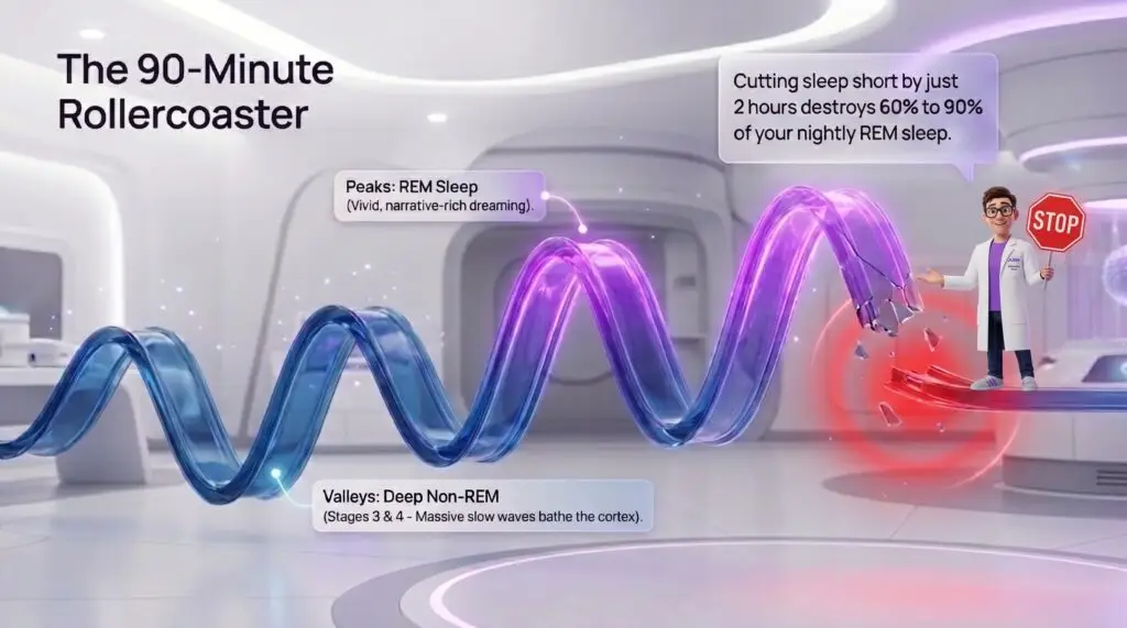 The 90-Minute Rollercoaster: How Sleep Deprivation Destroys REM Neuroscience of REM sleep. An infographic titled "The 90-Minute Rollercoaster" featuring a glass-like wave representing sleep cycles. Blue valleys represent Deep Non-REM sleep, and purple peaks represent REM sleep. At the end of the wave, the track is shattered. The Juna scientist stands on the broken end holding a glowing red "STOP" sign.