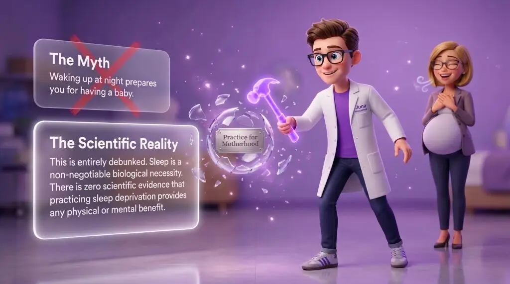 Debunking the Motherhood Sleep Myth: Scientific Reality vs. Fiction Pregnancy Sleep Disruption A 3D illustration of a scientist using a glowing purple hammer to shatter a glass orb containing the phrase "Practice for Motherhood." On the left, text boxes contrast the myth that waking up prepares you for a baby with the scientific reality that sleep is a biological necessity. A relieved pregnant woman stands in the background.