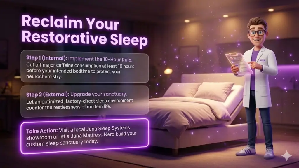 An infographic titled "Reclaim Your Restorative Sleep" featuring a cartoon character in a lab coat in a modern bedroom. The image provides two steps to improve sleep: an "Internal" step advising a 10-hour caffeine cutoff, and an "External" step to upgrade the mattress with an optimized sleep environment. A "Take Action" box encourages visiting a Juna Sleep Systems showroom.