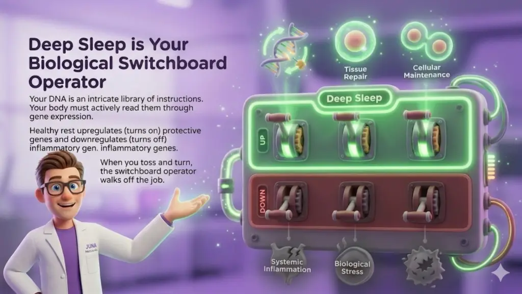 The Deep Sleep Biological Switchboard Operator Infographic A 3D animated scientist points to a futuristic machine titled 'Deep Sleep' that functions as a biological switchboard. The machine has glowing levers: the 'UP' levers point to icons for DNA (Gene Expression), Tissue Repair, and Cellular Maintenance, while the 'DOWN' levers point to Systemic Inflammation and Biological Stress. The text describes DNA as a 'library of instructions' and sleep as the mechanism that 'upregulates protective genes.'