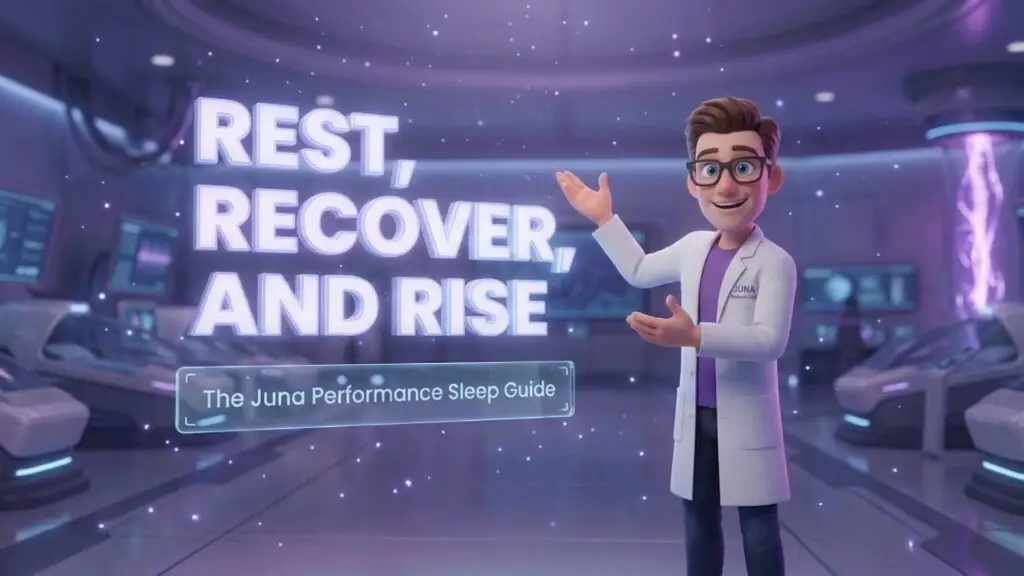 workout-motivation-and-better-sleep-transformed-my-routine A 3D animated scientist in a white lab coat standing in a futuristic sleep laboratory. He is gesturing toward large, glowing 3D text that reads "REST, RECOVER, AND RISE" above a subtitle bar that says "The Juna Performance Sleep Guide."