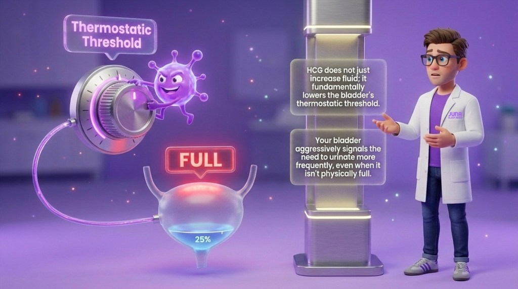  Pregnancy Sleep Disruption A 3D infographic showing a purple virus-like character turning a dial labeled "Thermostatic Threshold." Below the dial, a glass bladder icon shows it is only 25% full, yet a red neon sign above it flashes "FULL." A scientist stands to the right, explaining how HCG causes frequent urination signals.