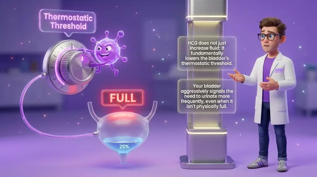 The HCG Bladder Reset: Understanding the Thermostatic Threshold Pregnancy Sleep Disruption A 3D infographic showing a purple virus-like character turning a dial labeled "Thermostatic Threshold." Below the dial, a glass bladder icon shows it is only 25% full, yet a red neon sign above it flashes "FULL." A scientist stands to the right, explaining how HCG causes frequent urination signals.