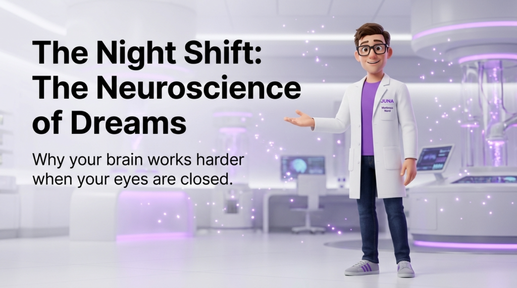 Neuroscience of REM sleep. An infographic titled "The Night Shift: The Neuroscience of Dreams" featuring the Juna Wellness Nerd character in a high-tech, white and purple scientific laboratory. Large text reads "Why your brain works harder when your eyes are closed."