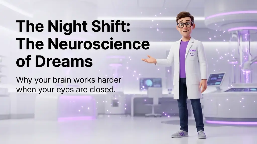 The Night Shift: Why Your Brain Works Harder During Dreams Neuroscience of REM sleep. An infographic titled "The Night Shift: The Neuroscience of Dreams" featuring the Juna Wellness Nerd character in a high-tech, white and purple scientific laboratory. Large text reads "Why your brain works harder when your eyes are closed."