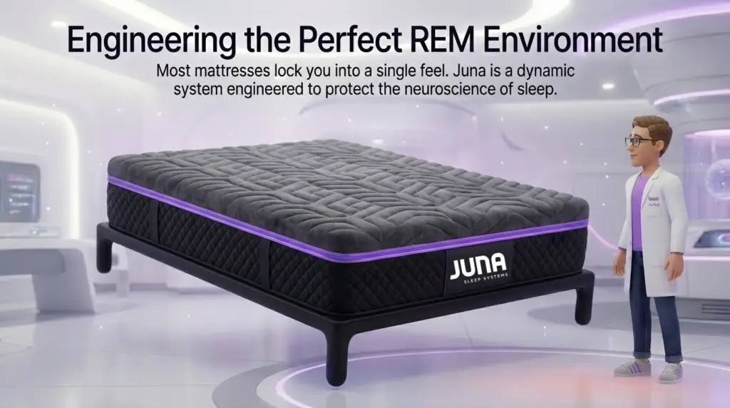 Engineering the Perfect REM Environment: Juna Sleep Systems Neuroscience of REM sleep. A 3D illustration of a modern black and purple mattress floating in a futuristic laboratory. A male scientist in a white lab coat stands beside it, looking at the mattress. The brand "JUNA Sleep Systems" is visible on the side of the mattress.