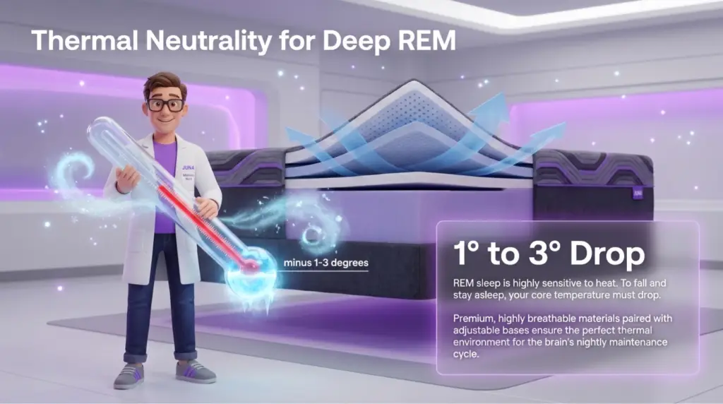Thermal Neutrality for Deep REM: Temperature Regulation in Sleep Neuroscience of REM sleep. A 3D illustration featuring a scientist holding a large glowing thermometer next to a cross-section of a Juna mattress. Blue arrows show airflow through breathable layers, and a text box highlights the necessity of a 1 to 3 degree body temperature drop for REM sleep.