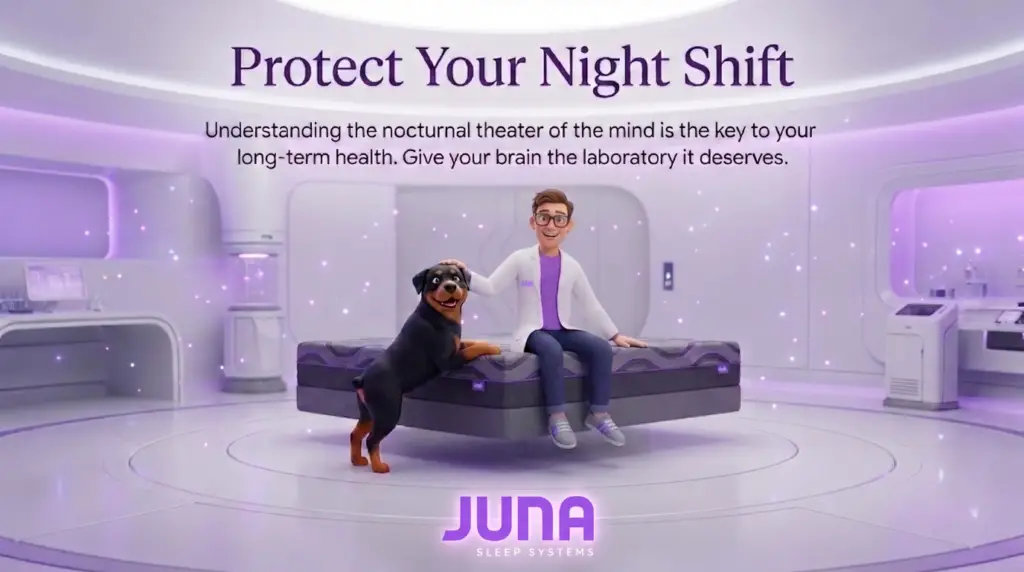 Protect Your Night Shift: Long-term Health with Juna Sleep Systems Neuroscience of REM sleep. A 3D illustration showing a scientist sitting on a floating Juna mattress with a friendly Rottweiler dog. They are in a futuristic, purple-lit laboratory. The text above reads "Protect Your Night Shift."