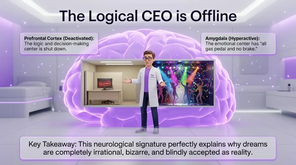The Logical CEO is Offline: Brain Activity During REM Sleep Neuroscience of REM sleep. A 3D educational graphic showing a large glowing brain with a cutout in the center. Inside the cutout, a scientist stands between an empty, dark office labeled "Out of Office" and a vibrant dance party. Text boxes explain the deactivation of the Prefrontal Cortex and the hyperactivity of the Amygdala.