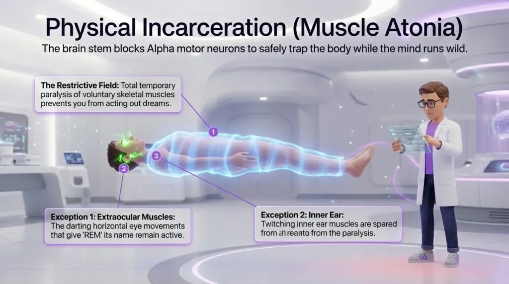 Physical Incarceration: Understanding Muscle Atonia During Sleep Neuroscience of REM sleep. A futuristic medical lab scene where a scientist monitors a floating person wrapped in a blue translucent energy field labeled "The Restrictive Field." Callouts explain how the brain stem causes temporary paralysis while sparing the eyes and inner ear.