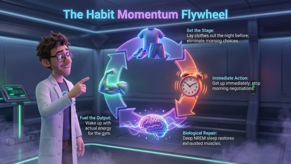 Illustration of a character explaining the Habit Momentum Flywheel, featuring steps for workout motivation: "Set the Stage" with clothes, "Immediate Action" with an alarm clock, "Fuel the Output" with energy, and "Biological Repair" highlighting sleep's role in recovery.