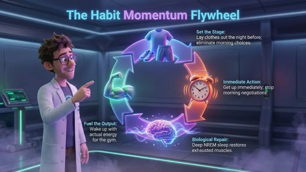 A 3D animated scientist points to a glowing circular flow chart titled "The Habit Momentum Flywheel." The flywheel consists of four stages: "Set the Stage" (clothes icon), "Immediate Action" (alarm clock icon), "Biological Repair" (brain icon), and "Fuel the Output" (bicep icon). Each stage includes a brief description of how sleep and preparation drive daily performance.