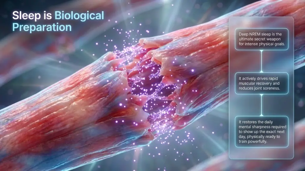 Workout Motivation and Better Sleep. A hyper-realistic, microscopic view of a pink muscle fiber being repaired by glowing purple energy particles. Text in the corner reads "Sleep is Biological Preparation."