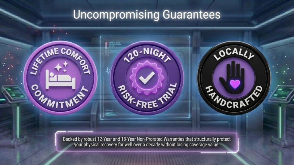 Lifetime comfort commitment, 120-night risk-free trial, locally handcrafted badges with text highlighting robust 12-Year and 18-Year Non-Prorated Warranties supporting physical recovery.