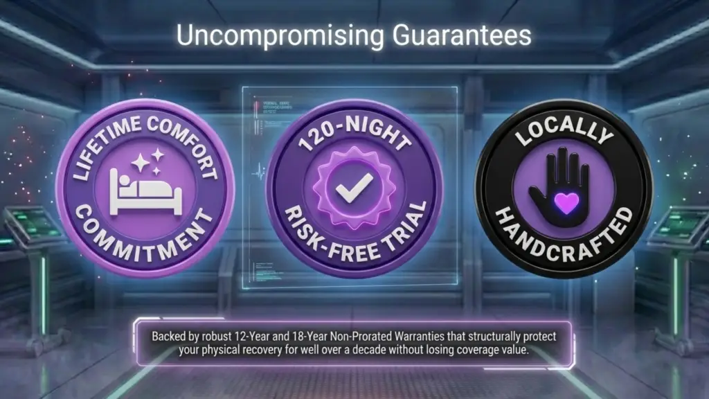 A digital display inside a futuristic lab showcasing three circular badges: "Lifetime Comfort Commitment," "120-Night Risk-Free Trial," and "Locally Handcrafted." A text box at the bottom details the 12-year and 18-year non-prorated warranties