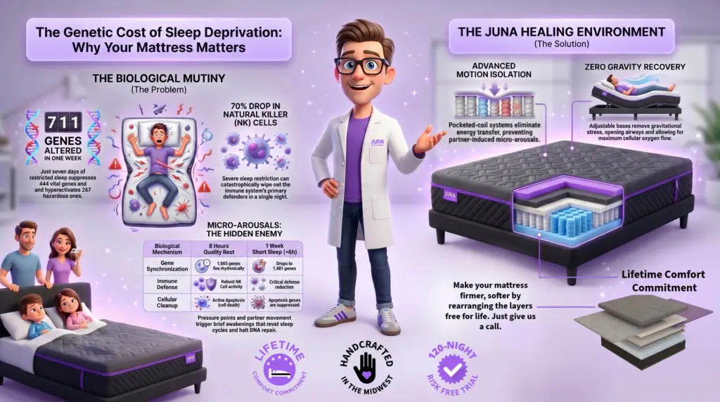 Genetic cost of sleep deprivation. An educational infographic featuring a 3D animated scientist explaining the link between sleep and genetics. The left side, titled "The Biological Mutiny," illustrates the dangers of sleep deprivation, including 711 altered genes and a 70% drop in Natural Killer cells. The right side, titled "The Juna Healing Environment," showcases the mattress solution, highlighting advanced motion isolation, zero-gravity recovery, and adjustable comfort layers.