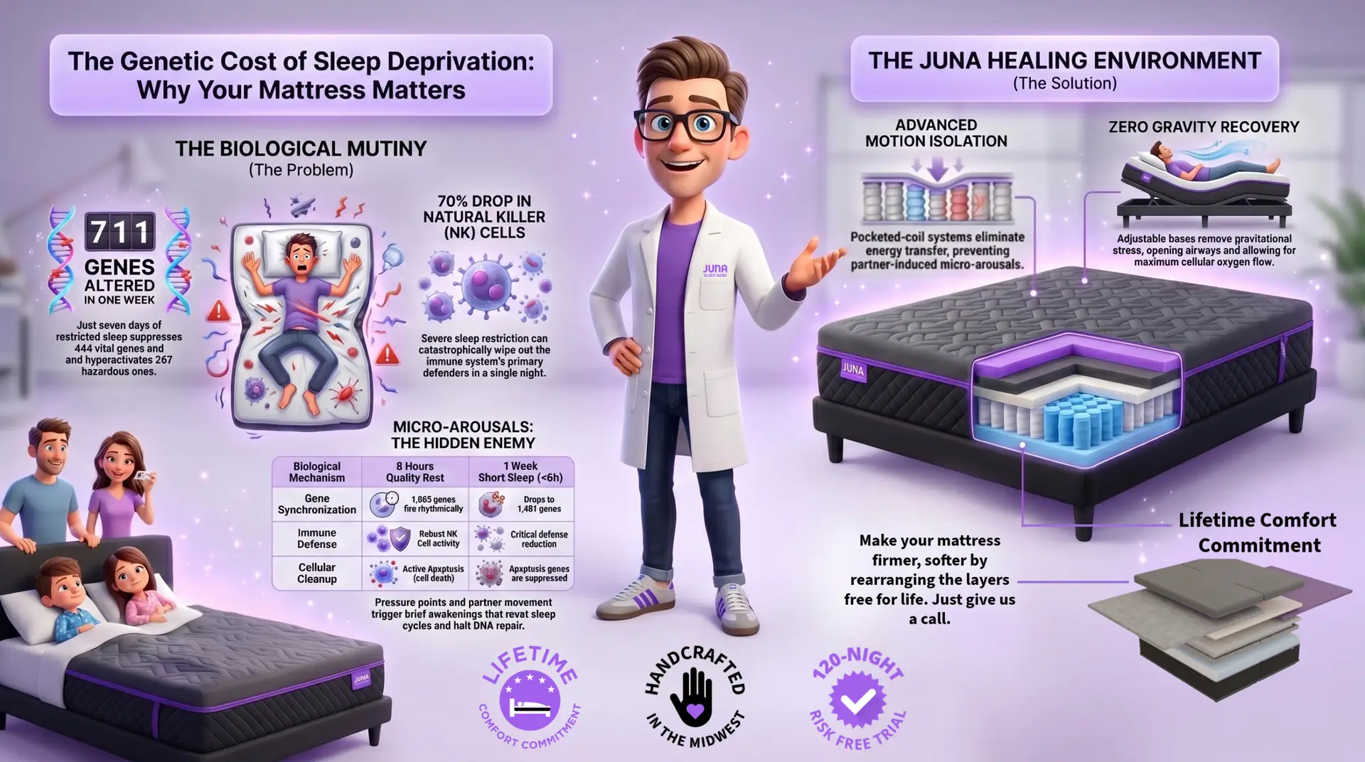 Genetic cost of sleep deprivation. An educational infographic featuring a 3D animated scientist explaining the link between sleep and genetics. The left side, titled "The Biological Mutiny," illustrates the dangers of sleep deprivation, including 711 altered genes and a 70% drop in Natural Killer cells. The right side, titled "The Juna Healing Environment," showcases the mattress solution, highlighting advanced motion isolation, zero-gravity recovery, and adjustable comfort layers.