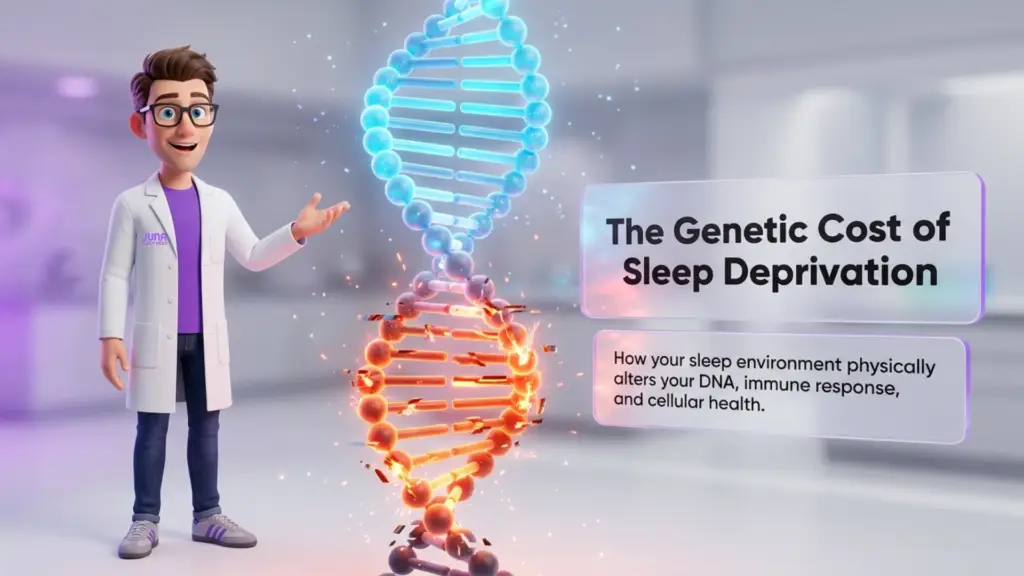 The Genetic Cost of Sleep Deprivation Presentation Genetic cost of sleep deprivation. A 3D animated scientist stands next to a large double-helix DNA strand that is breaking apart at the bottom. To the right, floating glass-style banners read "The Genetic Cost of Sleep Deprivation" and explain how sleep environments alter DNA and cellular health.