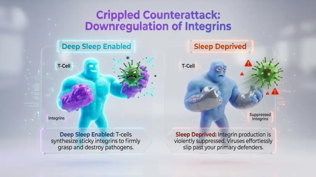 The Impact of Deep Sleep on T-Cell Immune Response A comparison infographic titled "Crippled Counterattack: Downregulation of Integrins." The left side, "Deep Sleep Enabled," shows a glowing blue T-Cell character with "sticky" purple integrin hands successfully grabbing a virus. The right side, "Sleep Deprived," shows a tired, gray T-Cell with smooth metal hands unable to grip a virus, which is slipping away past red warning icons.