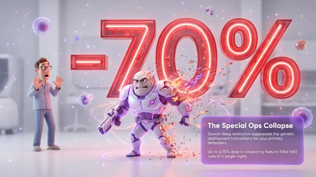 The Special Ops Collapse: Immune System Degradation Infographic A dramatic infographic showing a large, glowing red "-70%" behind a high-tech "Special Ops" soldier character who is disintegrating into ash. To the left, a man in pajamas looks on in shock. A purple text box titled "The Special Ops Collapse" explains that severe sleep restriction can cause a 70% drop in Natural Killer (NK) cells in a single night.