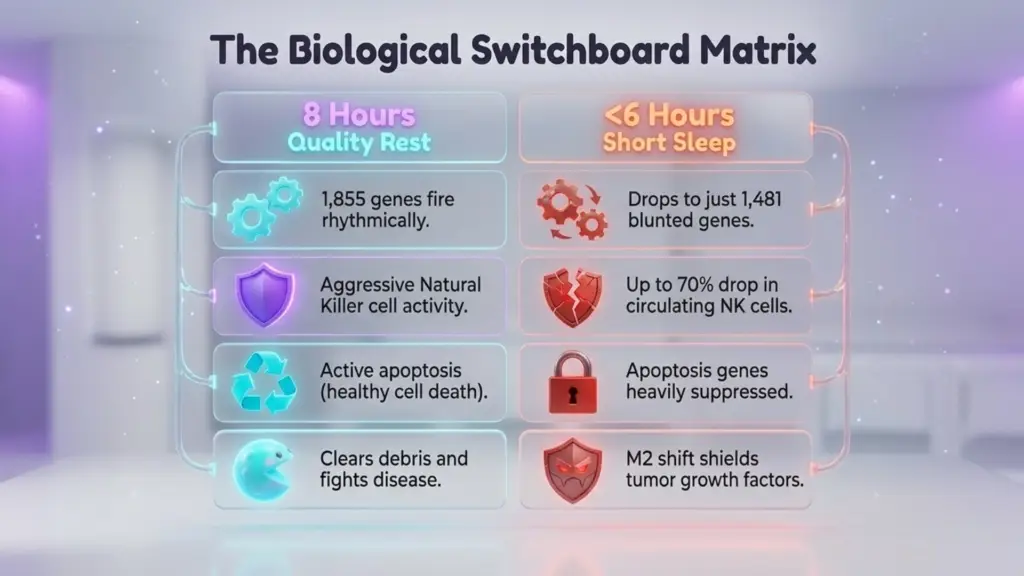 The Biological Switchboard Matrix: Quality Rest vs. Short Sleep Comparison A detailed 3D infographic titled "The Biological Switchboard Matrix" comparing the physiological effects of 8 hours of quality rest versus less than 6 hours of short sleep. The left column (teal) shows positive markers like synchronized gene firing and aggressive NK cell activity, while the right column (red) shows negative markers like suppressed genes, significant drops in NK cells, and tumor growth risk.