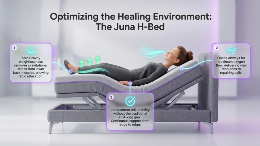 Juna H-Bed with Zero Gravity technology, showcasing a woman relaxing in an adjustable position, emphasizing oxygen flow and spinal decompression for enhanced sleep quality and recovery.