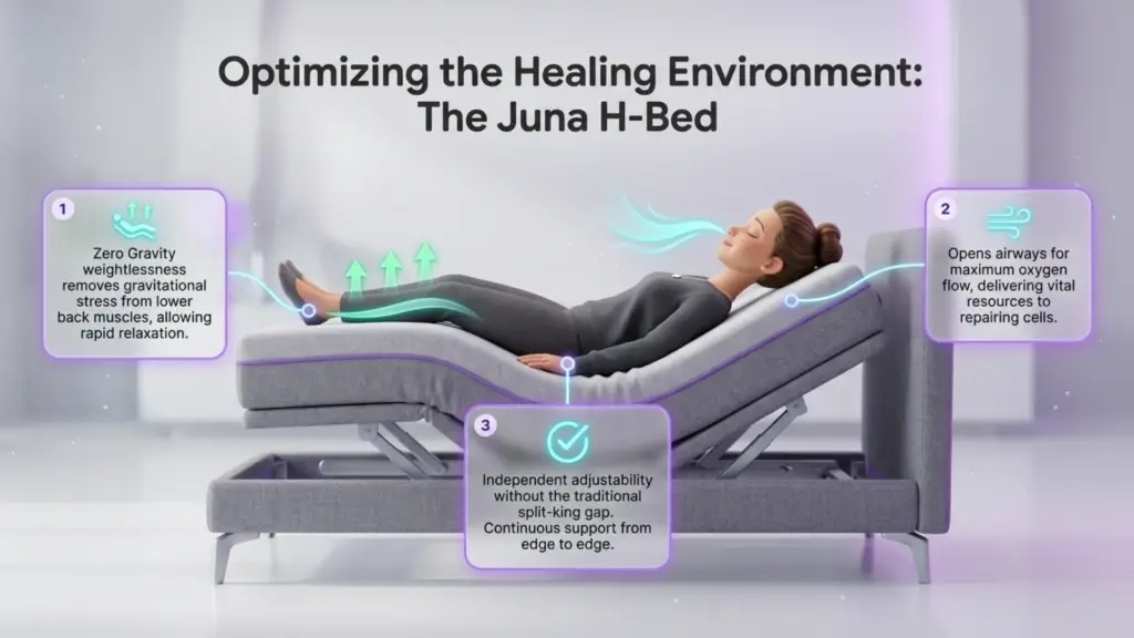 Optimizing the Healing Environment: The Juna H-Bed Infographic An infographic titled "Optimizing the Healing Environment: The Juna H-Bed." A 3D animated woman rests on an adjustable bed in the "Zero Gravity" position. Three callout boxes explain the benefits: 1) Zero Gravity removes gravitational stress from back muscles; 2) The elevated head opens airways for oxygen flow; 3) Independent adjustability provides continuous support without a traditional split-king gap.
