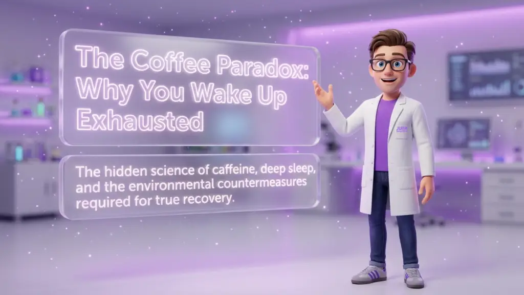  caffeine and deep sleep. A 3D animated scientist in a white lab coat stands in a futuristic purple laboratory. He is gesturing toward two floating glass digital displays. The top display reads "The Coffee Paradox: Why You Wake Up Exhausted," and the bottom display explains "The hidden science of caffeine, deep sleep, and the environmental countermeasures required for true recovery."