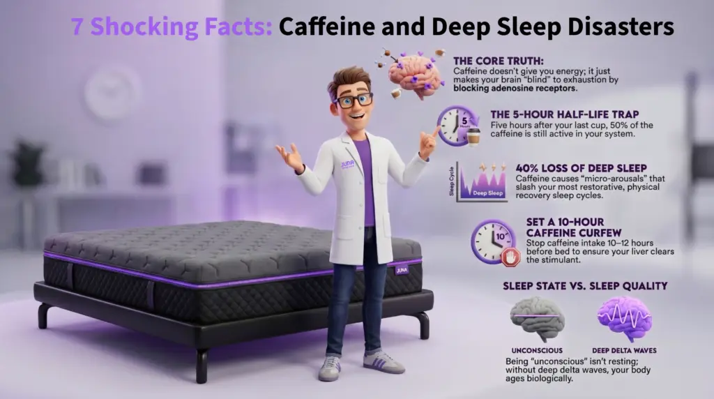 Caffeine and Deep Sleep. An educational infographic featuring a 3D scientist standing next to a Juna mattress. The graphic lists scientific facts about caffeine, including the "5-Hour Half-Life Trap," a "40% Loss of Deep Sleep," and the importance of a "10-Hour Caffeine Curfew." A comparison at the bottom contrasts an "Unconscious" brain state with "Deep Delta Waves" necessary for biological recovery.